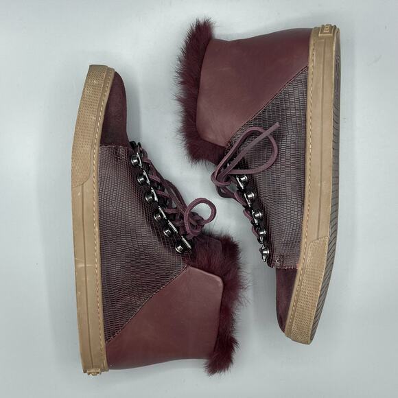 BCBGMAXAZRIA Deniz Hi Top Sneakers Size 7 Rabbit Fur Bordeaux‎ Burgundy Suede - Picture 7 of 13